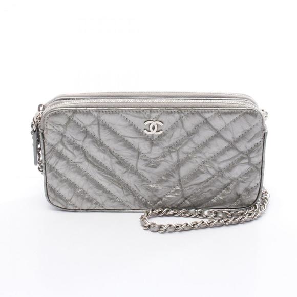 CHANEL Chevron V-Stitch Shoulder Bag, Leather, Women's, Silver - Picture 1 of 8